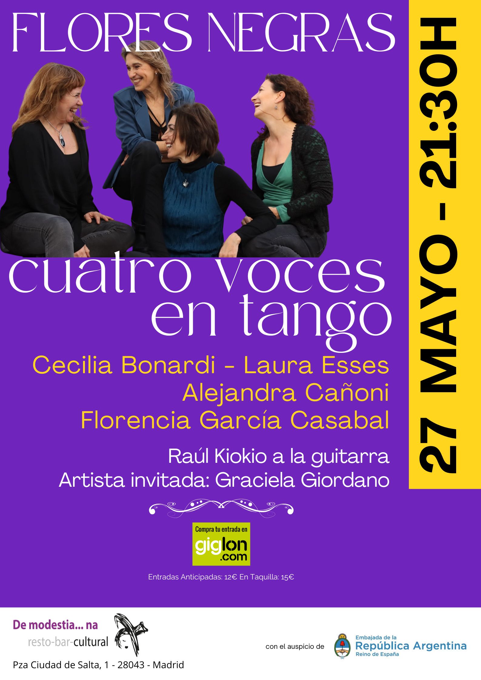 VENTA DE ENTRADAS | Flores Negras: cuatro voces en tango | De modestia...na  | Madrid(MADRID)| GIGLON